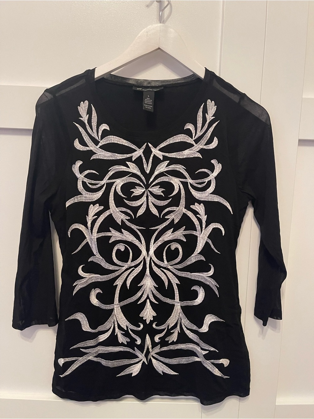 INC International Concepts Black Top with Silver Embroidery